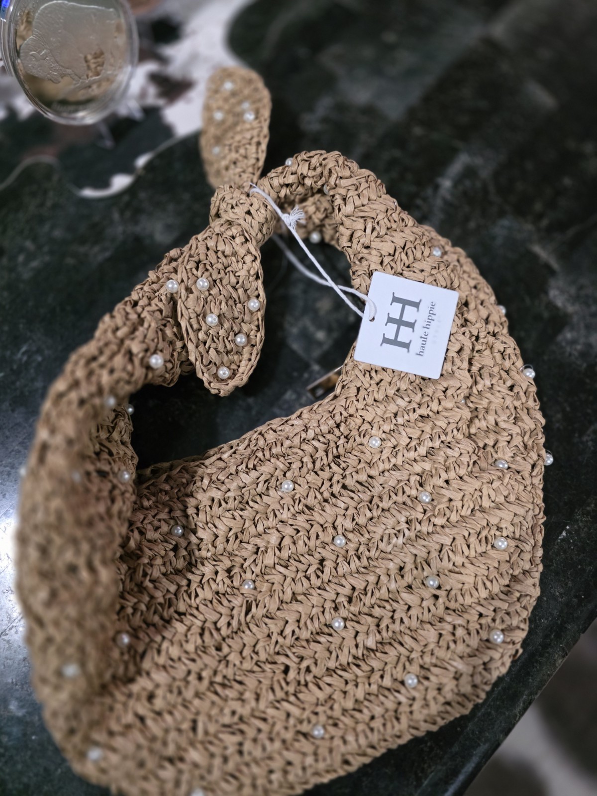 Haute Hippie Tan Hobo Bag Zip Top Pearl Accents Lined Gold Hardware