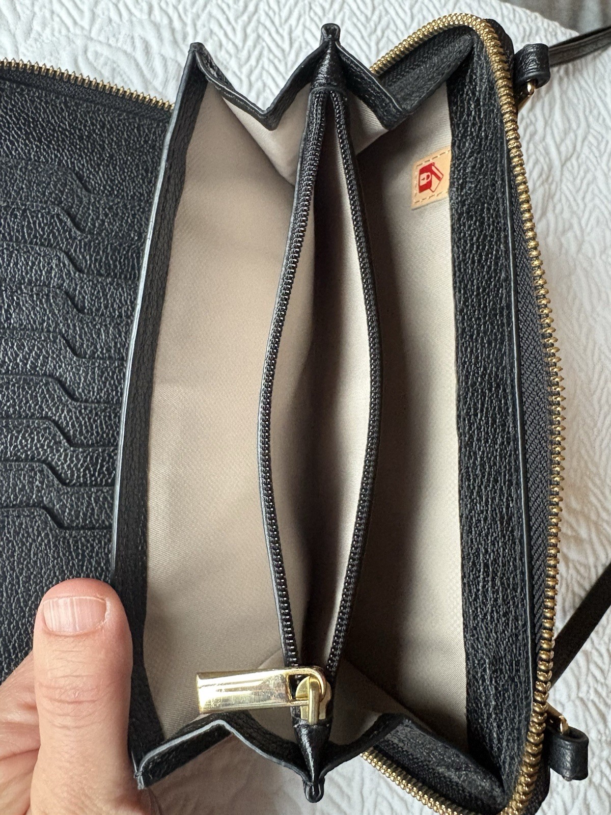 TUMI Black Pebbled Zip-Around Crossbody Wallet Bag Gold Hardware, Card Slots