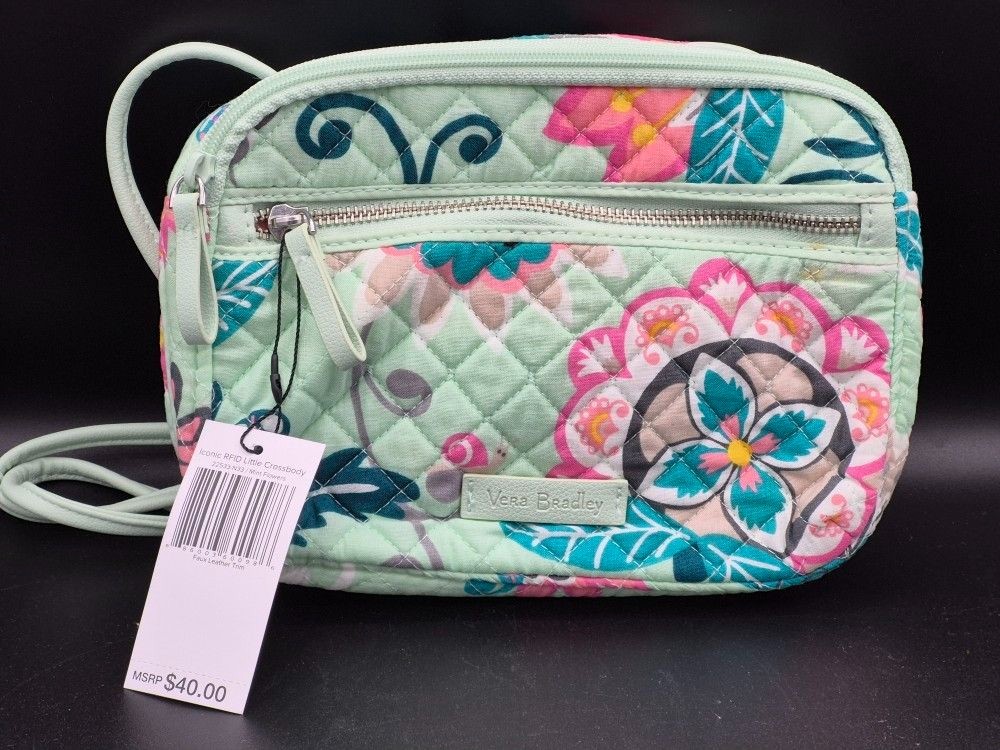 Vera Bradley Iconic RFID Little Crossbody, Mint Flowers, New W/Tags