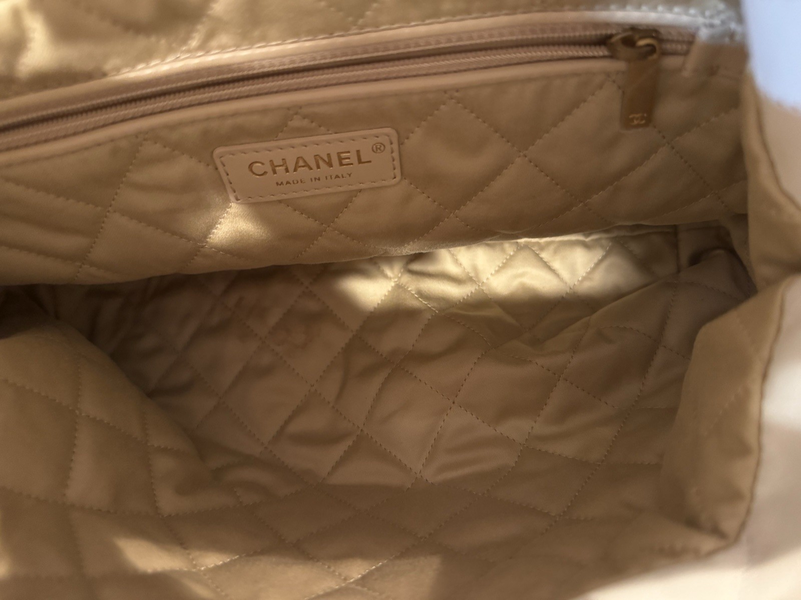 Authentic CHANEL 22 White Calfskin Leather Bag With Gold Hardware