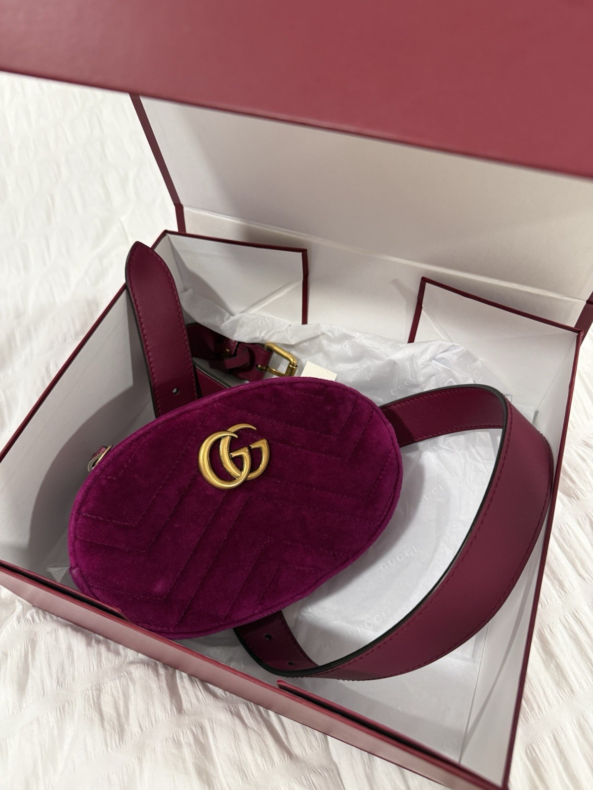 Gucci Fuchsia GG Marmont Velvet Belt Bag Box And Dustbag 95cm Entrupy USA