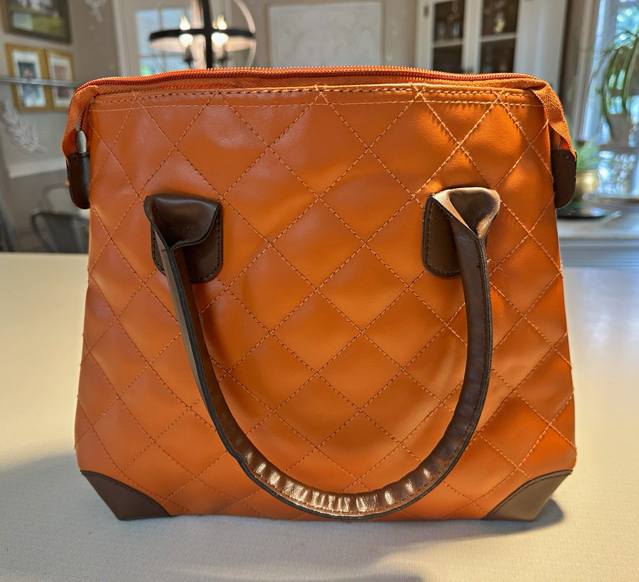 Brown Quilted Zip-Top Satchel Top Handle Bag, Double Handles, Silver Hardware