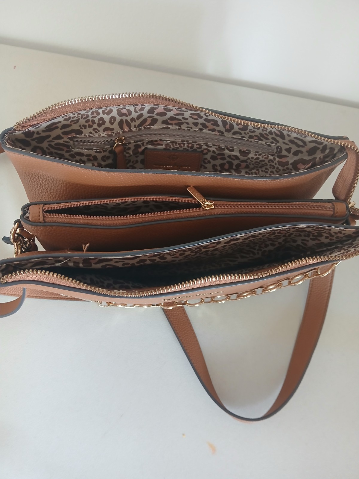 Nanette Lepore Women’s Brown Crossbody Bag, Zip, Gold Chain, Detachable Strap