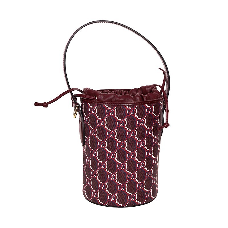 NEW $1,980 GUCCI Dark Red Rosso Ancora Coated Canvas GG SHADOW Mini BUCKET BAG
