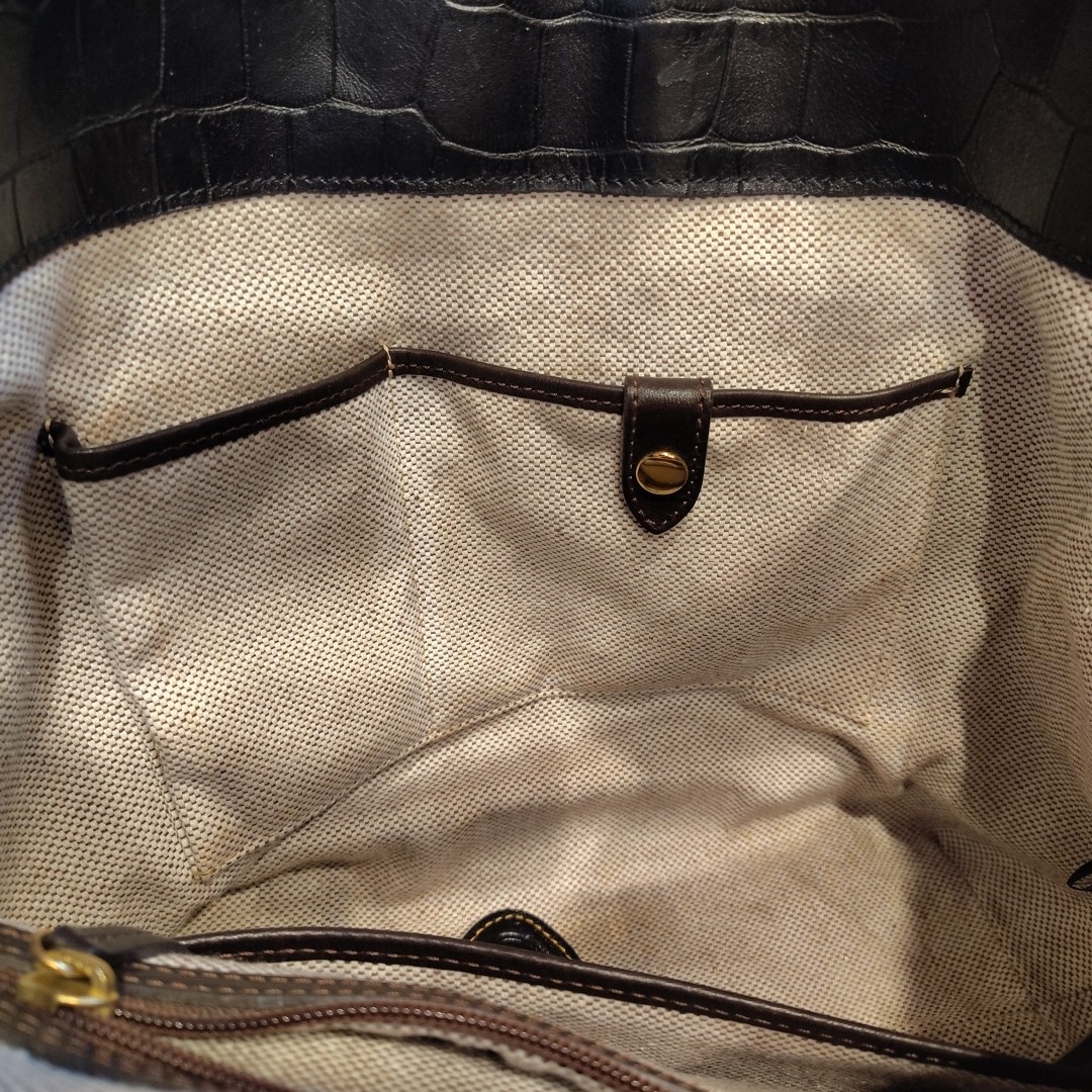 Dooney & Bourke Black With Brown Trim Croc Embossed Leather Logo Lock Hobo Bag