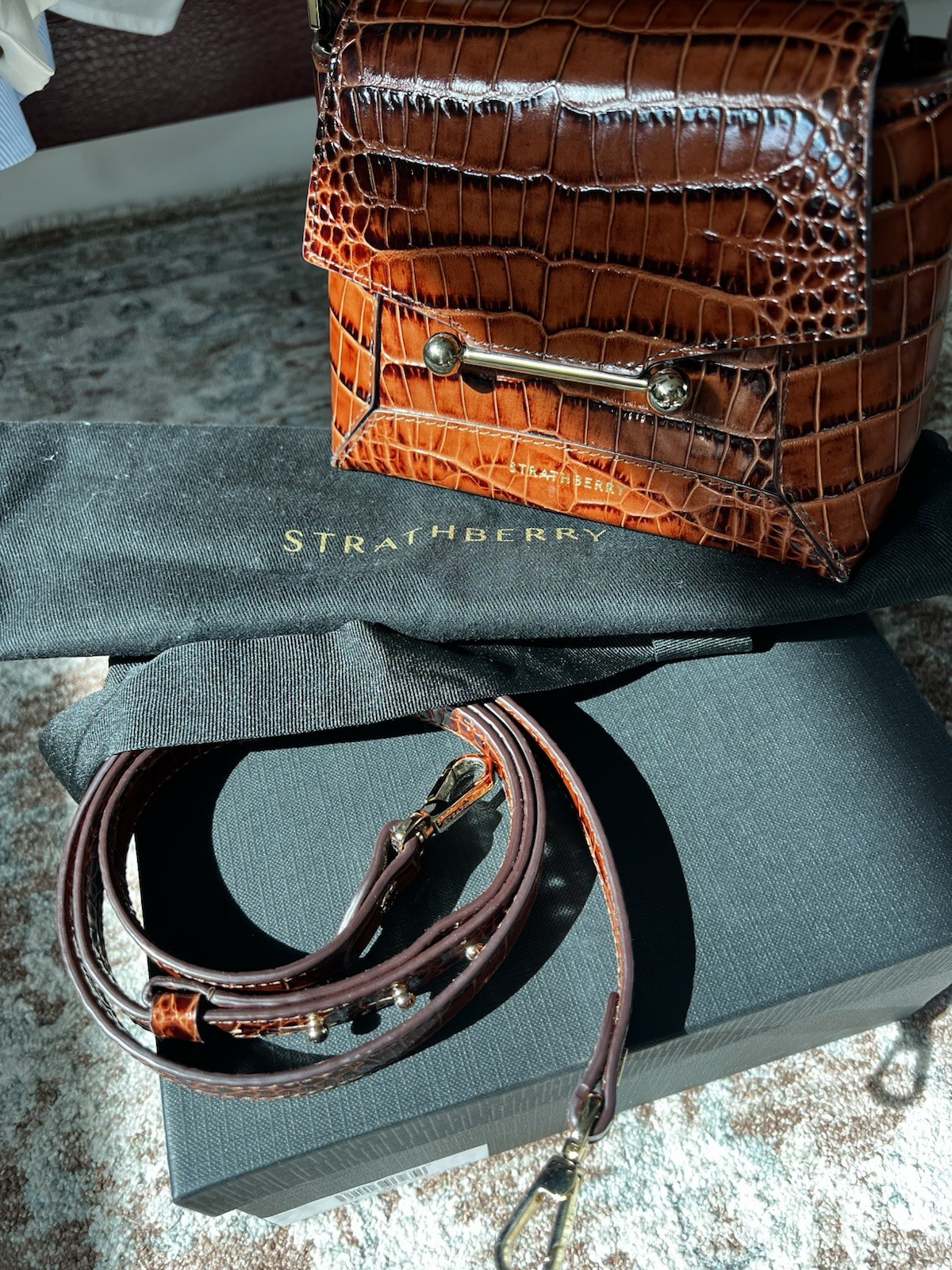 Strathberry Mosaic Nano Brown Croc Embossed Top Handle + Crossbody Strap