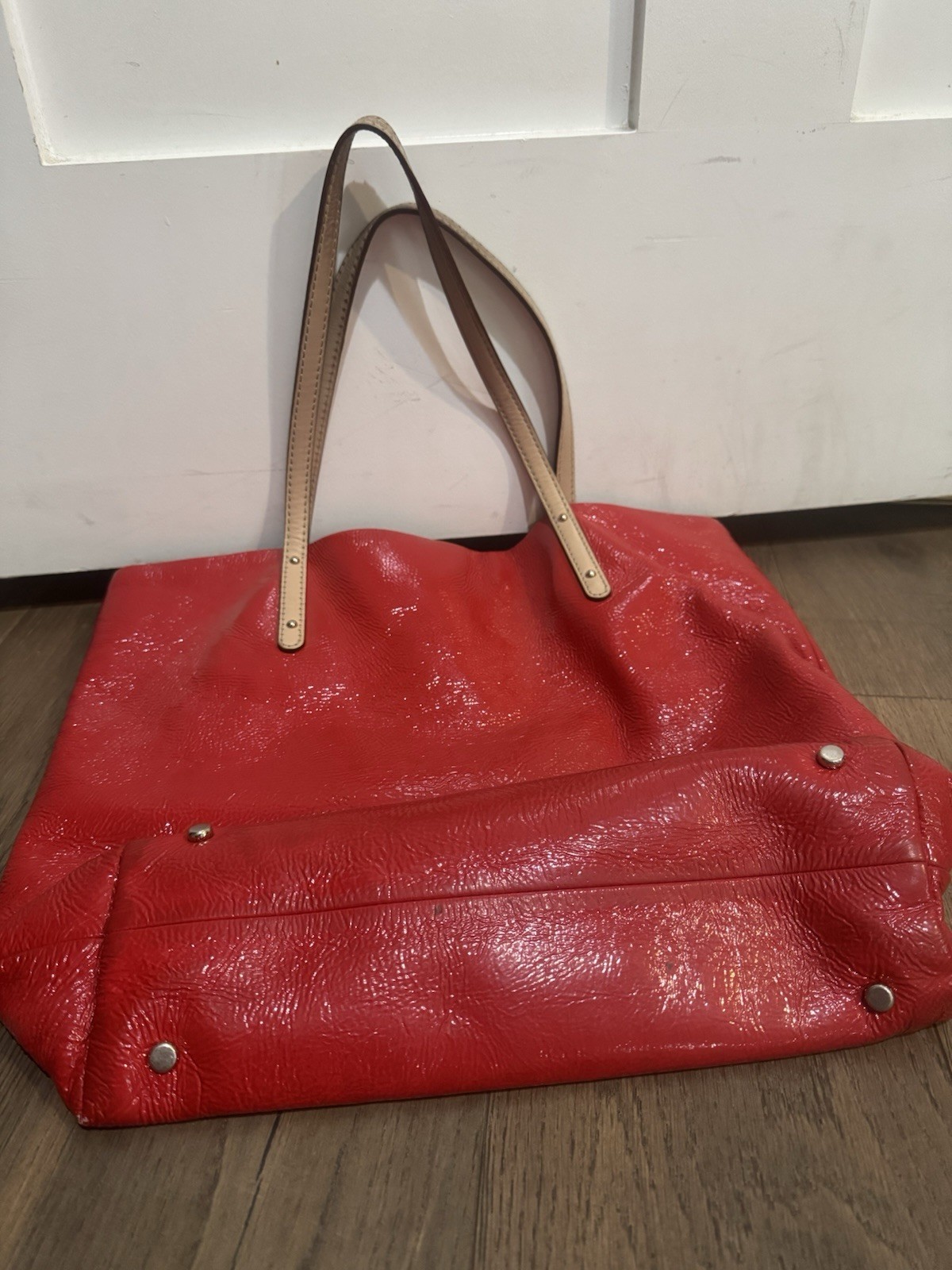kate spade new york Red Tote Bag Beige Straps, Polka Dot Lined, Gold Hardware