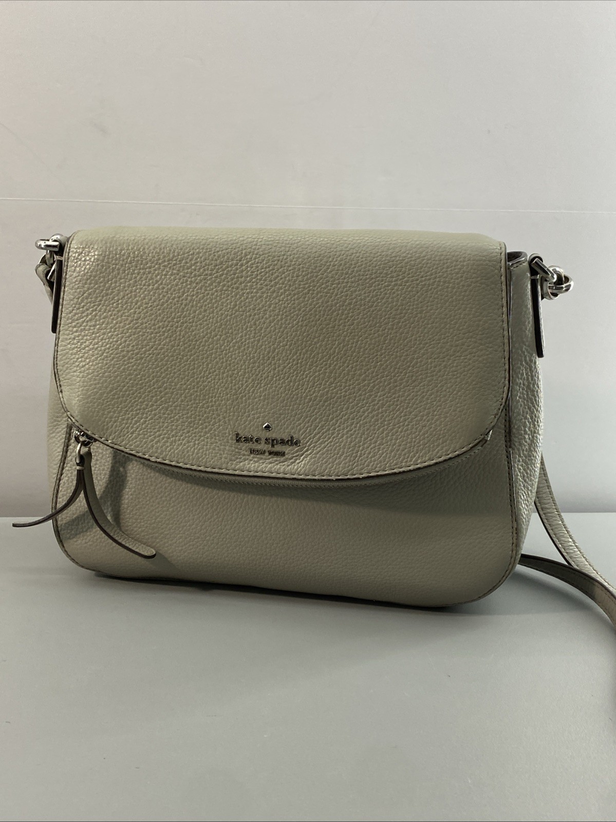 Kate Spade Jackson Gray Taupe Soft Pebbled Leather Medium Flap Crossbody Bag