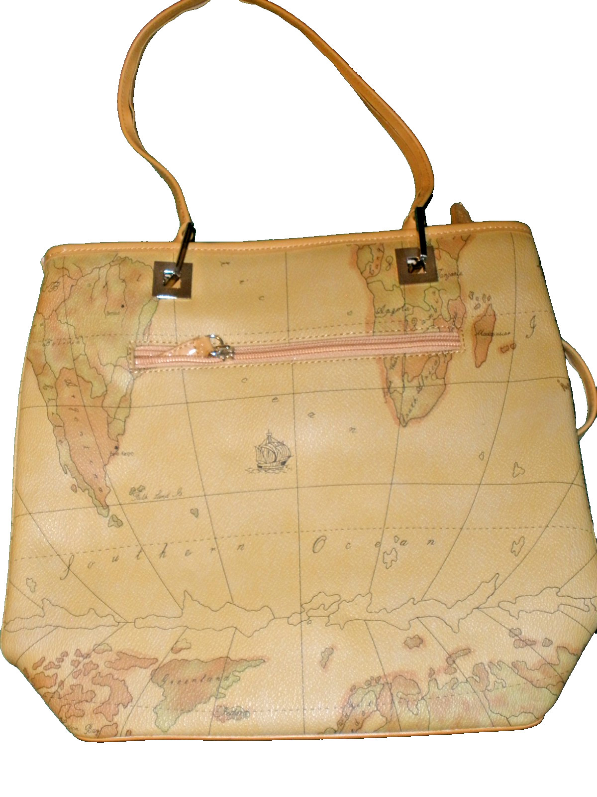 Vintage Never Used World Map Tan Handbag Purse 12″x10.5″x3.25″