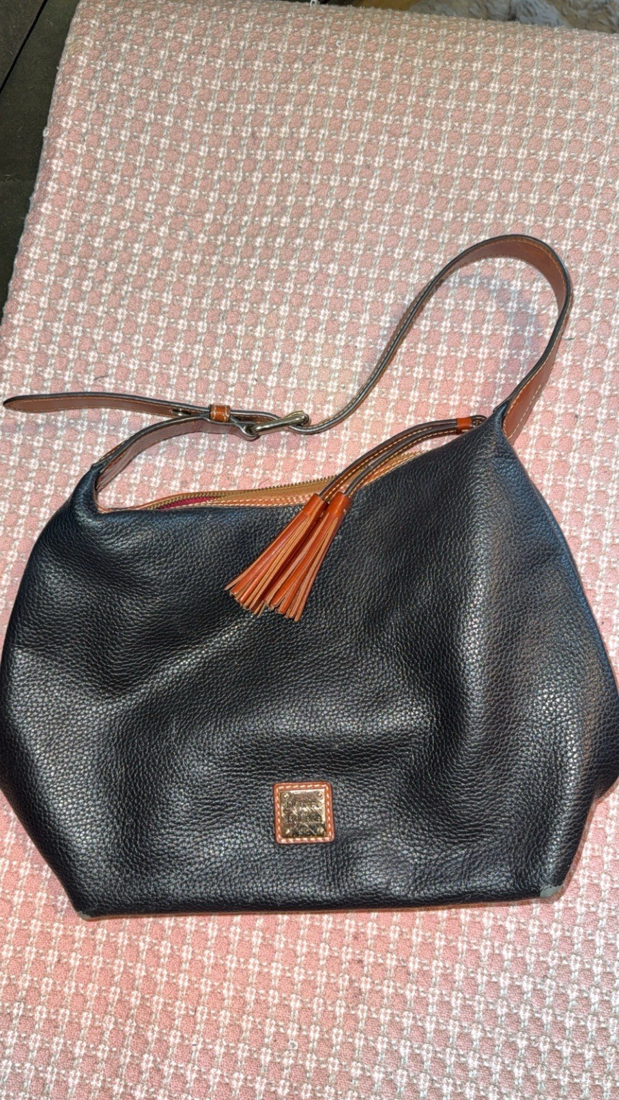 Dooney & Bourke Medium Black Hobo Bag Brown Strap Tassel Zip Red Lining