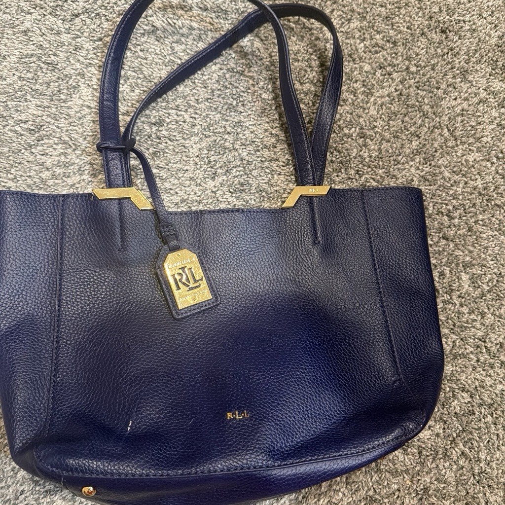 Lauren Ralph Lauren Blue Pebbled Tote Gold Hardware Magnetic Closure Large Tag