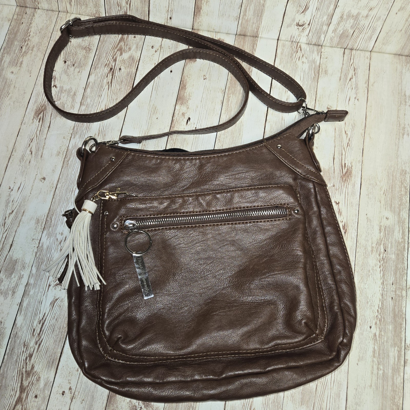 Sam & Hadley Brown Crossbody Purse Faux Leather Multi Zip Bag Tassel 11 Inch