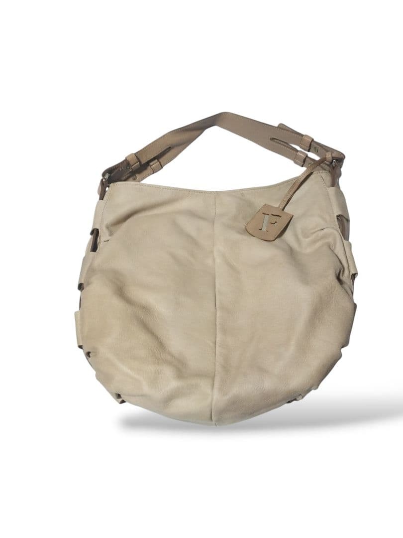 FURLA Genuine Leather Shoulder Bag Beige Soft Pouch Vintage Authentic