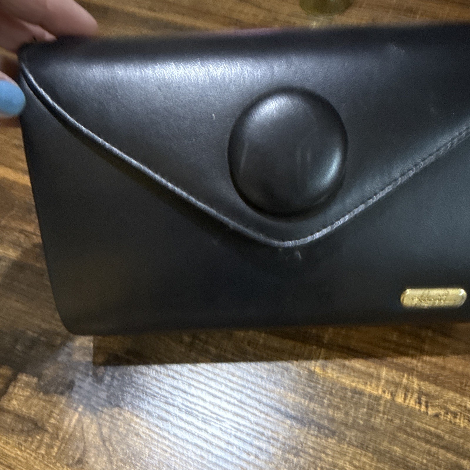 Kathie Lee Black Solid Logo Crossbody Envelope Clutch Bag Gold Hardware Small