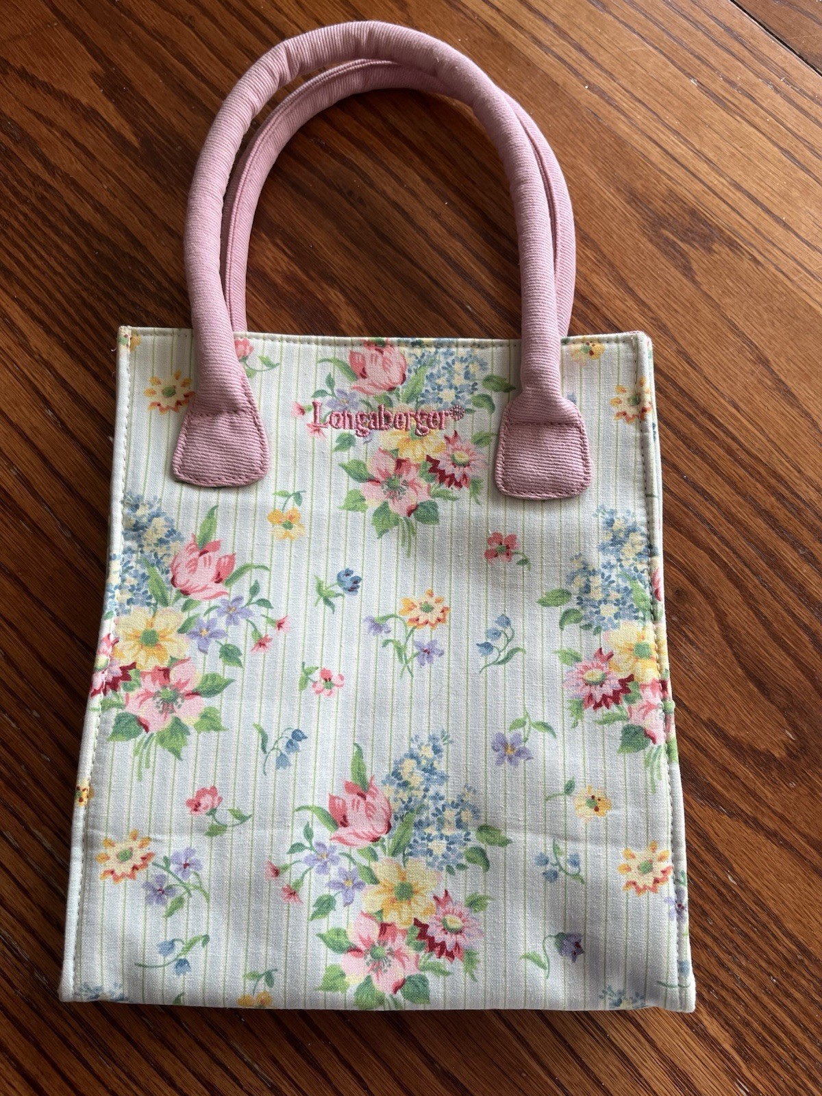 Longaberger Homestead NEW Tiny Tote Bag /Purse Green & Pink Floral Garden 9X7X4