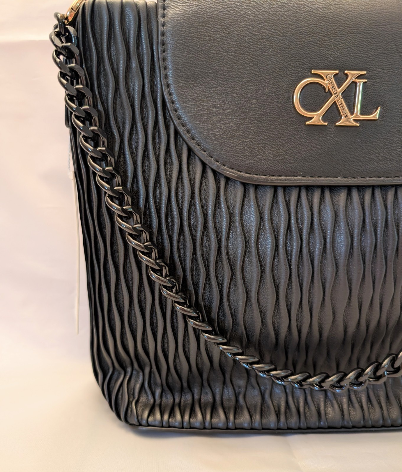 CXL by Christian Lacroix Ritz Ruching Bucket Handbag Black Chain Shoulder Strap