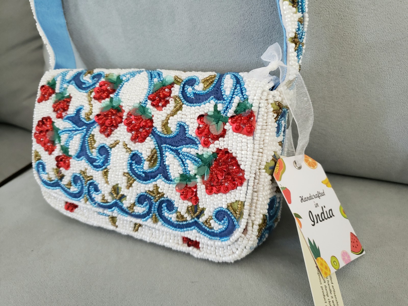 Handcrafted in India Raspberry Vine Beaded Sequin Shoulder Bag White Blue Red