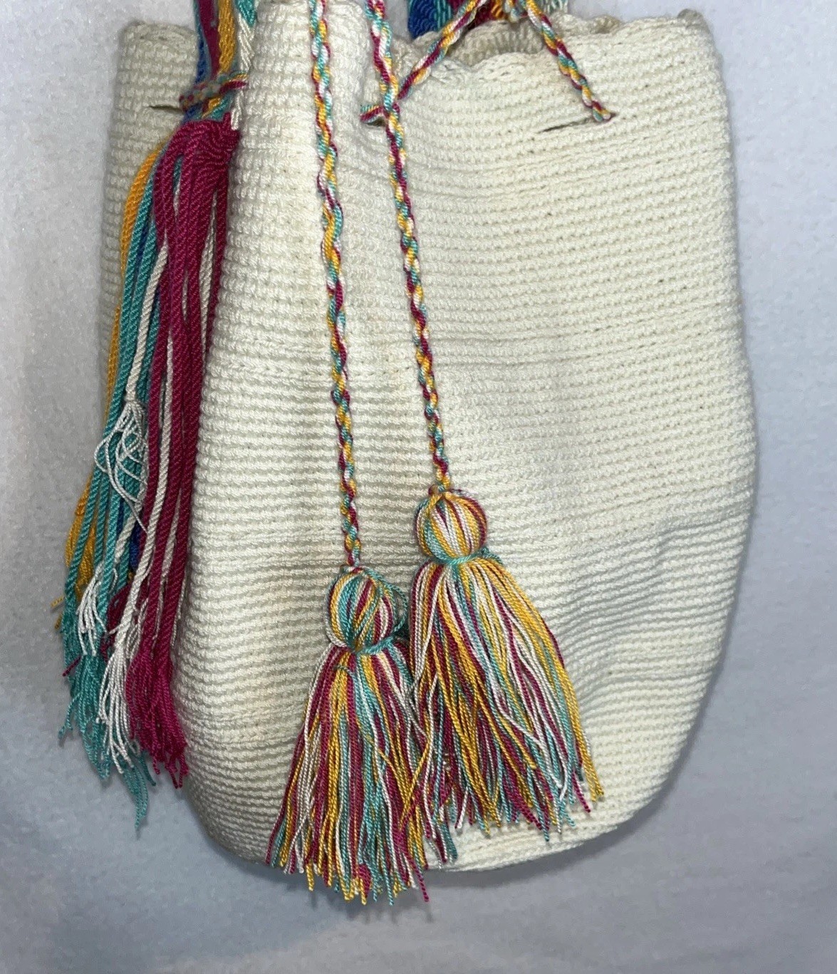 Ivory Woven Neon Tassel Bucket Thick Shoulder Bag Pink Blue Yellow Purple