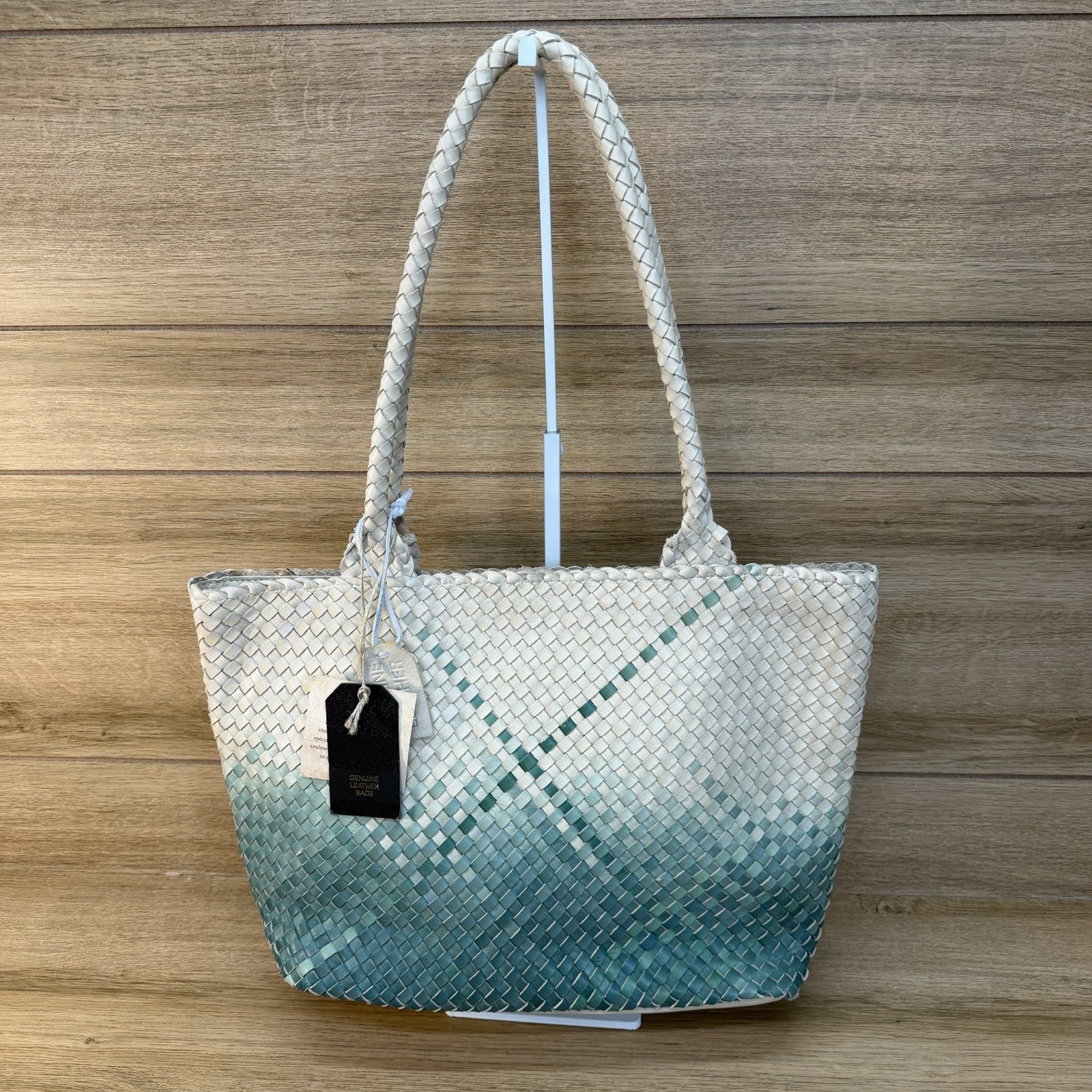 Artisans India Handcrafted Ombré Woven Leather Shoulder Tote Bag Teal Cream NWT