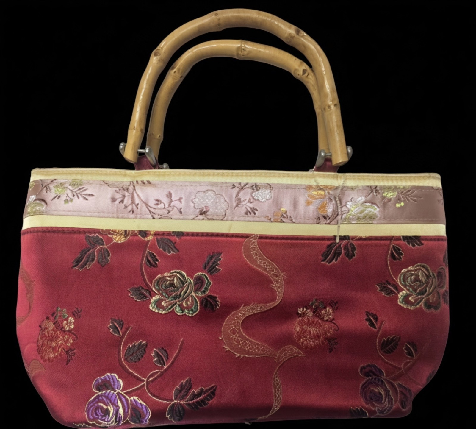 Wine/PInk Floral Embroidered Asian Inspired Top Faux Bamboo Handle Purse Lined