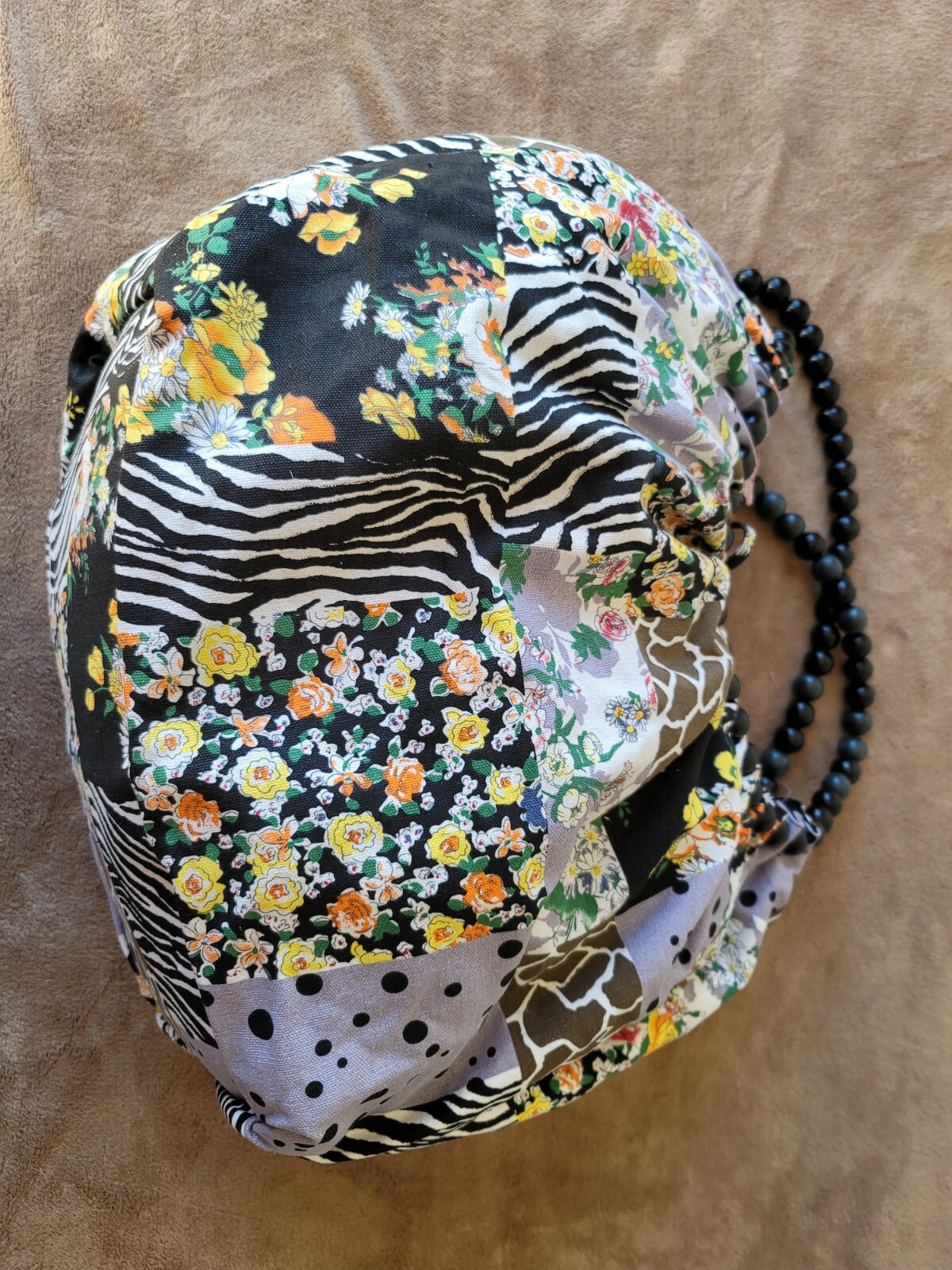 Large Floral Print Black Lined Hand Bag With Beaded Handle By Amici Accessories