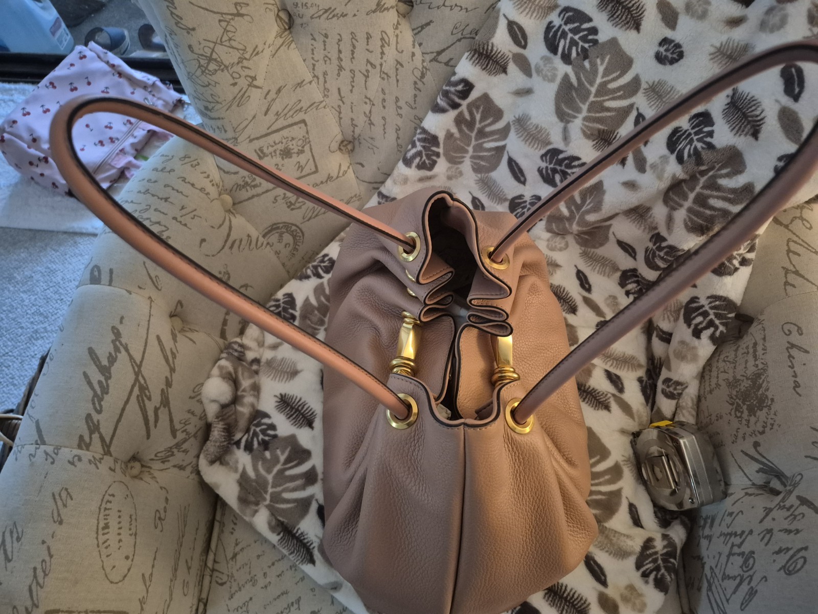 Donna Karan Large Dark Blush Pebbled Shoulder Bag Gold Hardware Drawstring