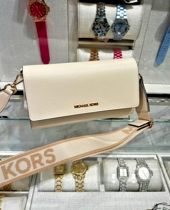 Michael Kors Women Large Jet Set Leather Zip Crossbody Purse Bag Light Cream