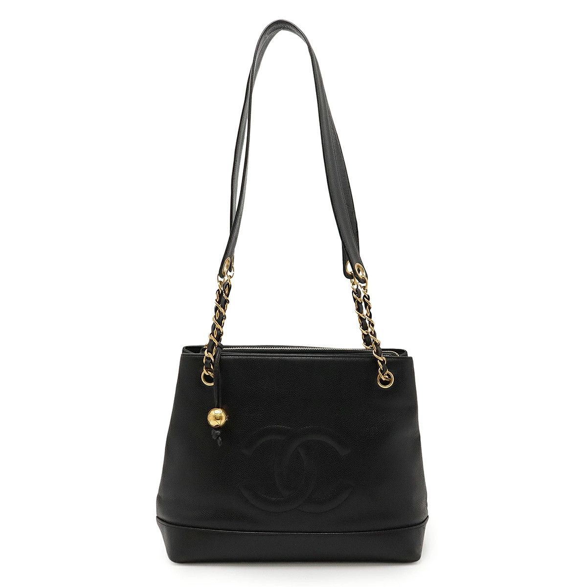 Chanel Coco Mark Ball Chain Tote Bag Logo Caviarskin Black Unisex #BLB926
