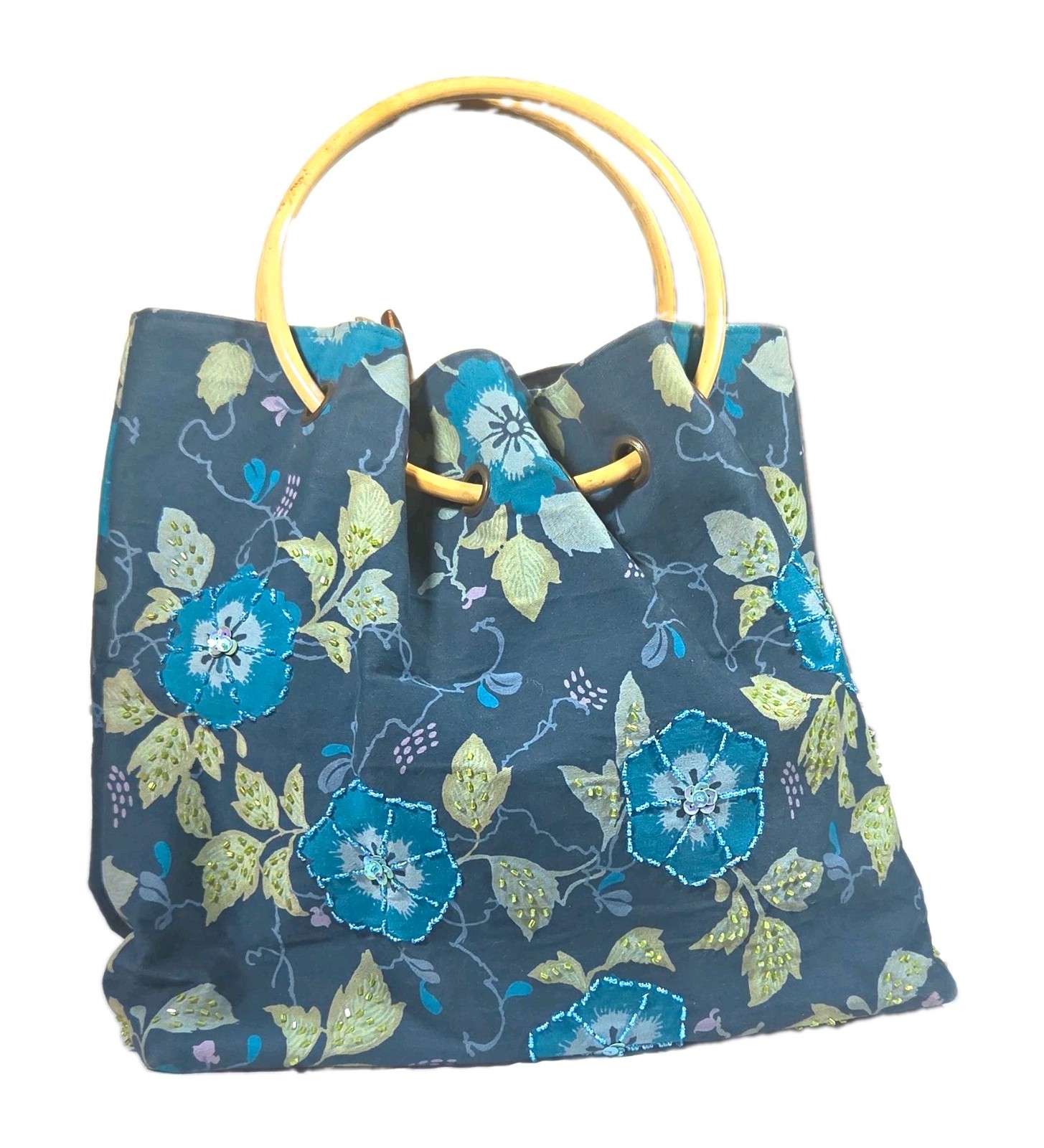 100 % Silk Blue Floral Tote Top Handle, Bamboo Handles, Lined, Pockets, Beachy