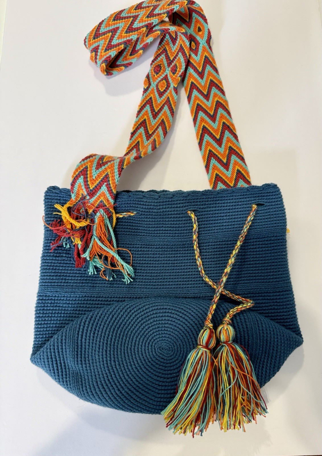 Authentic Wayuu Mochila Handmade Crochet Shoulder Bag Made In Colombia Blue