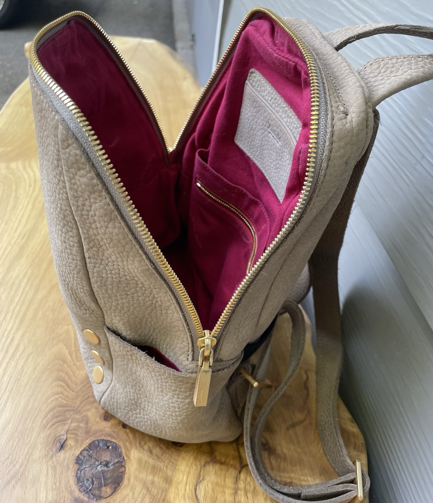 Hammitt Pebble Leather Mini Backpack Taupe With Pink Interior