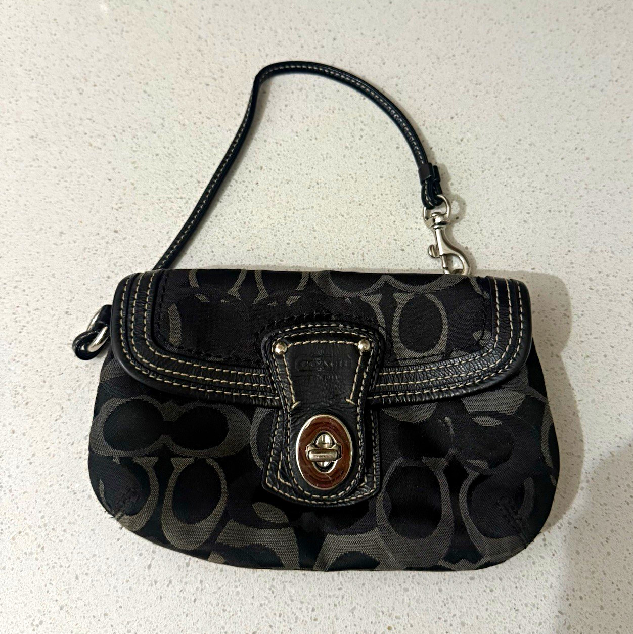 Coach Black/Gray Signature Logo Wristlet Clutch Zip Wrist Strap Silver Hardware
