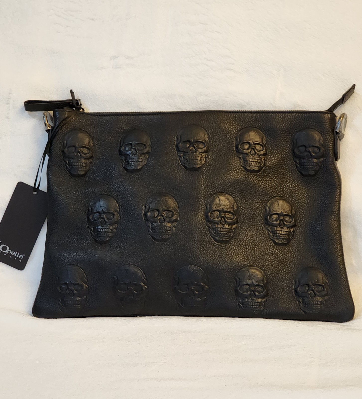 IO PELLE Black Italian Leather Embossed Skulls CROSSBODY Clutch Pouch 14×10 Goth