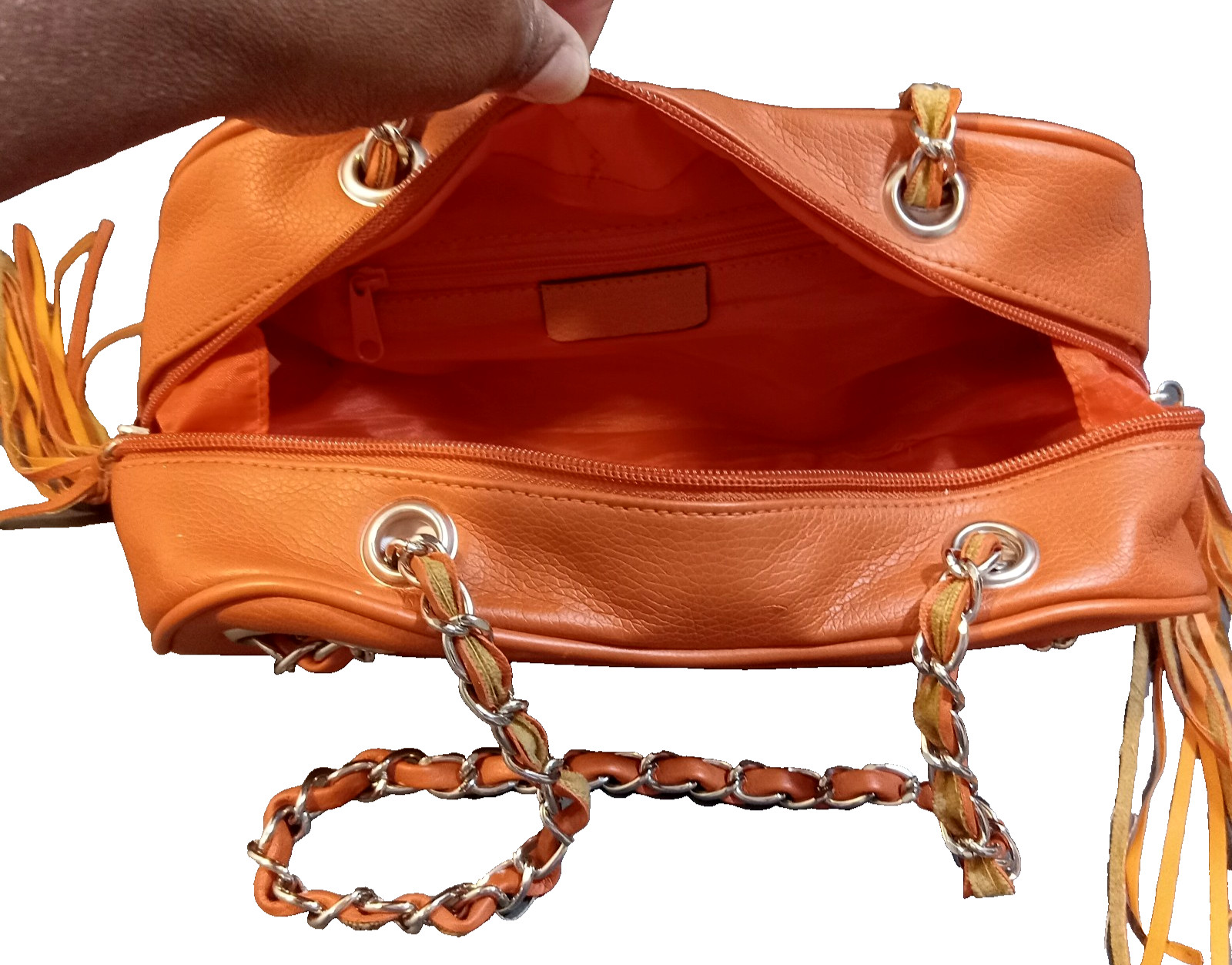 Vintage Clutch Shoulder Handbag Orange Gold Tone Double Chain Straps Tassels