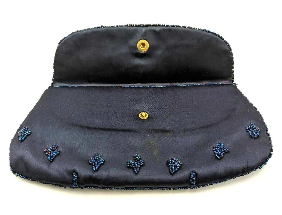 1960s Magid Black Purse Handbag Saks Fifth Avenue Luxury Blue Beaded Snap Clutch