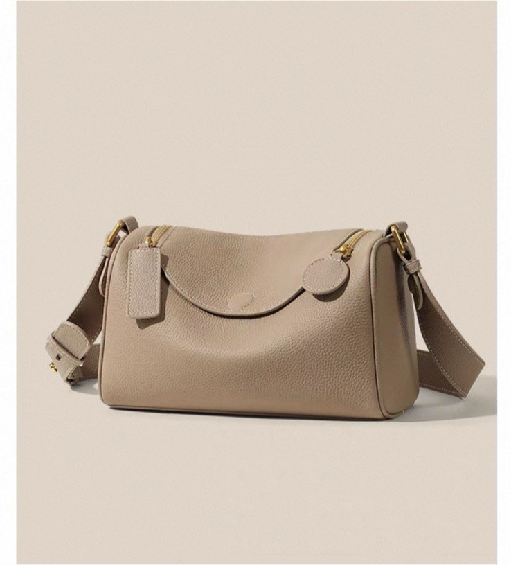 New Genuine Leather Women’s Crossbody Pillow Boston Handbag- Khaki/Light Grey
