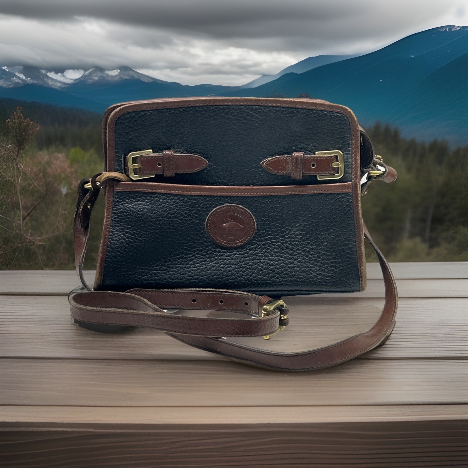 Dooney & Bourke VTG Pebbled Leather Black & British Tan Buckle Zip Crossbody Bag