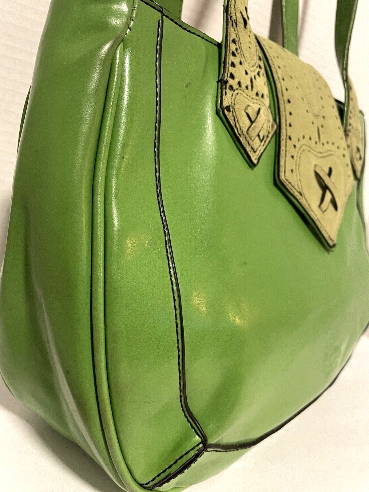 BCBG PARIS Apple Green Faux Leather Suede Trim 3 Section Shoulder Handbag FAB