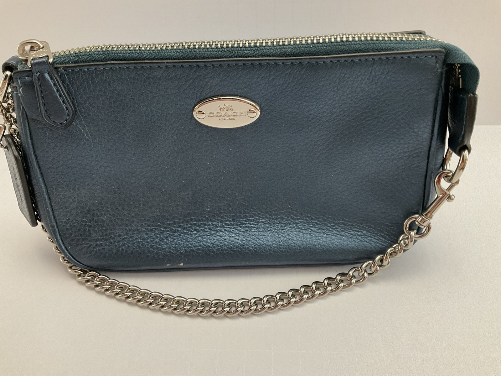 COACH Metallic Dark Teal Crossgrain Leather Chain Large Wristlet AS SHOWN F53340