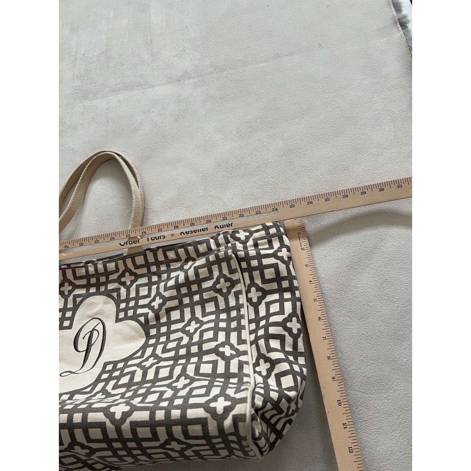 Geometric Lattice Canvas Tote Bag Embroidered Initial D Large Beach Travel Bag