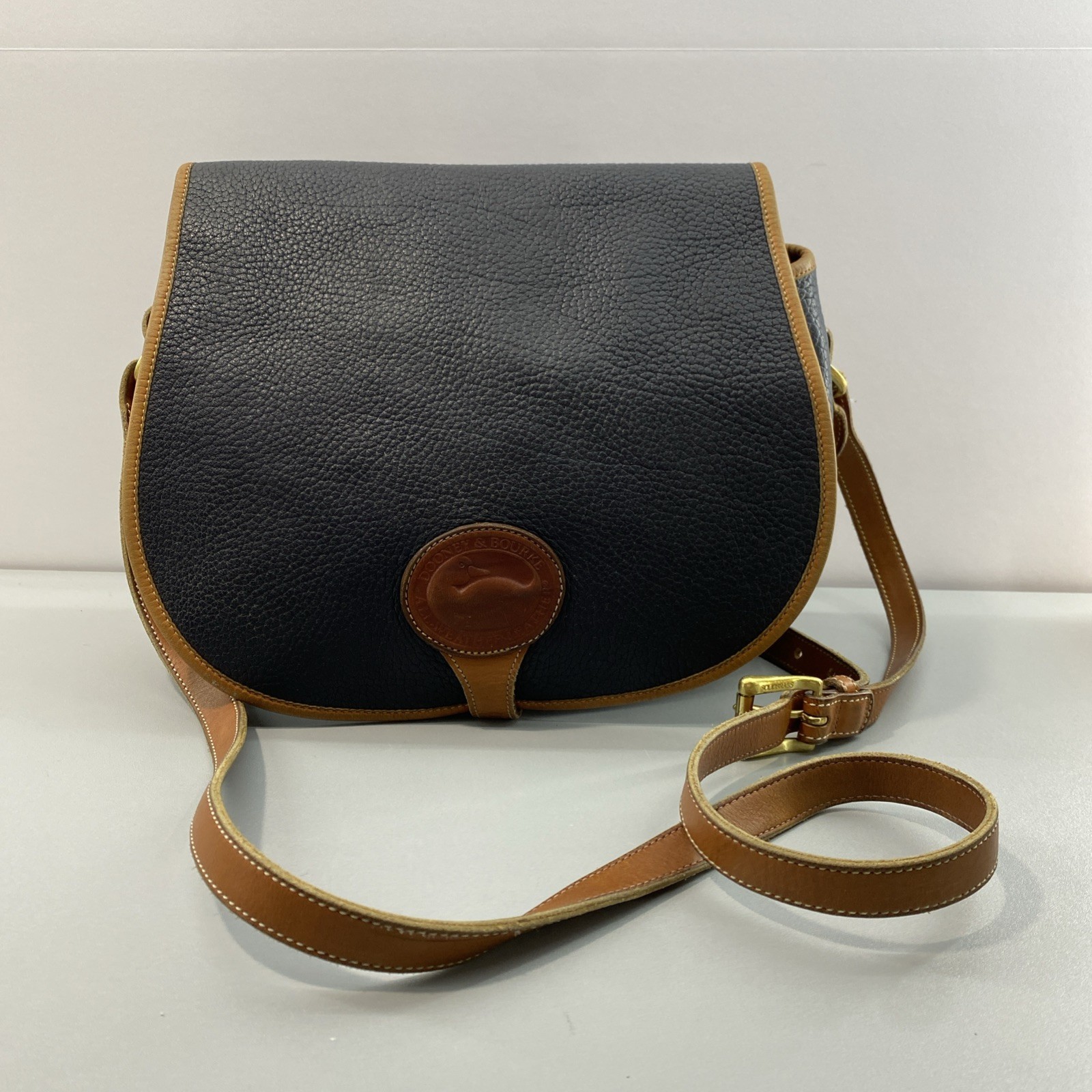 Dooney & Bourke *Saddle Bag* Dark Navy Blue AWL Crossbody Bag VTG Golds Accents
