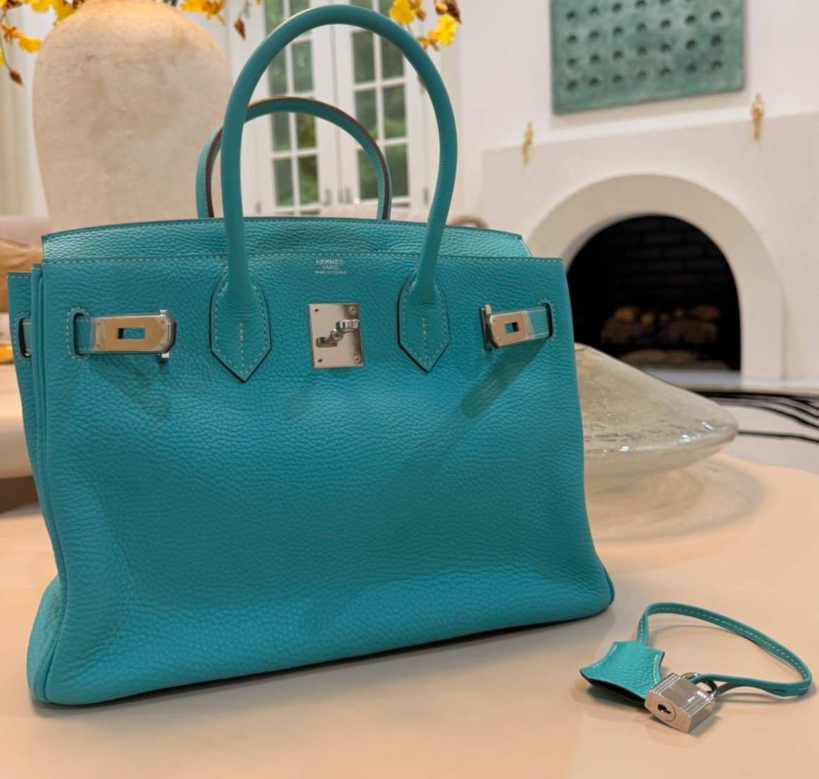 Hermès Birkin 35 Bleu Lagon Togo PHW Palladium M Stamp Stickered Mint Full Set