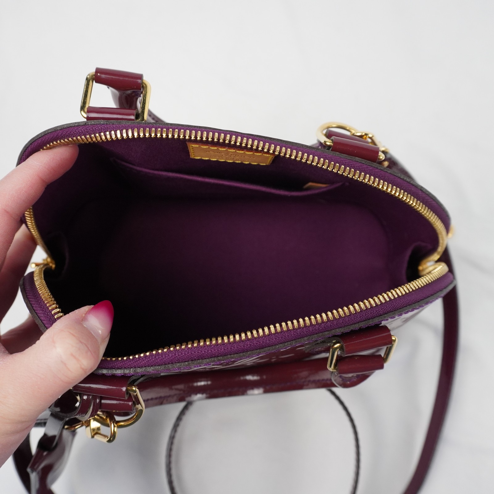 Louis Vuitton Vernis Monogram Alma BB Handbag In Burgundy With Gold Hardware