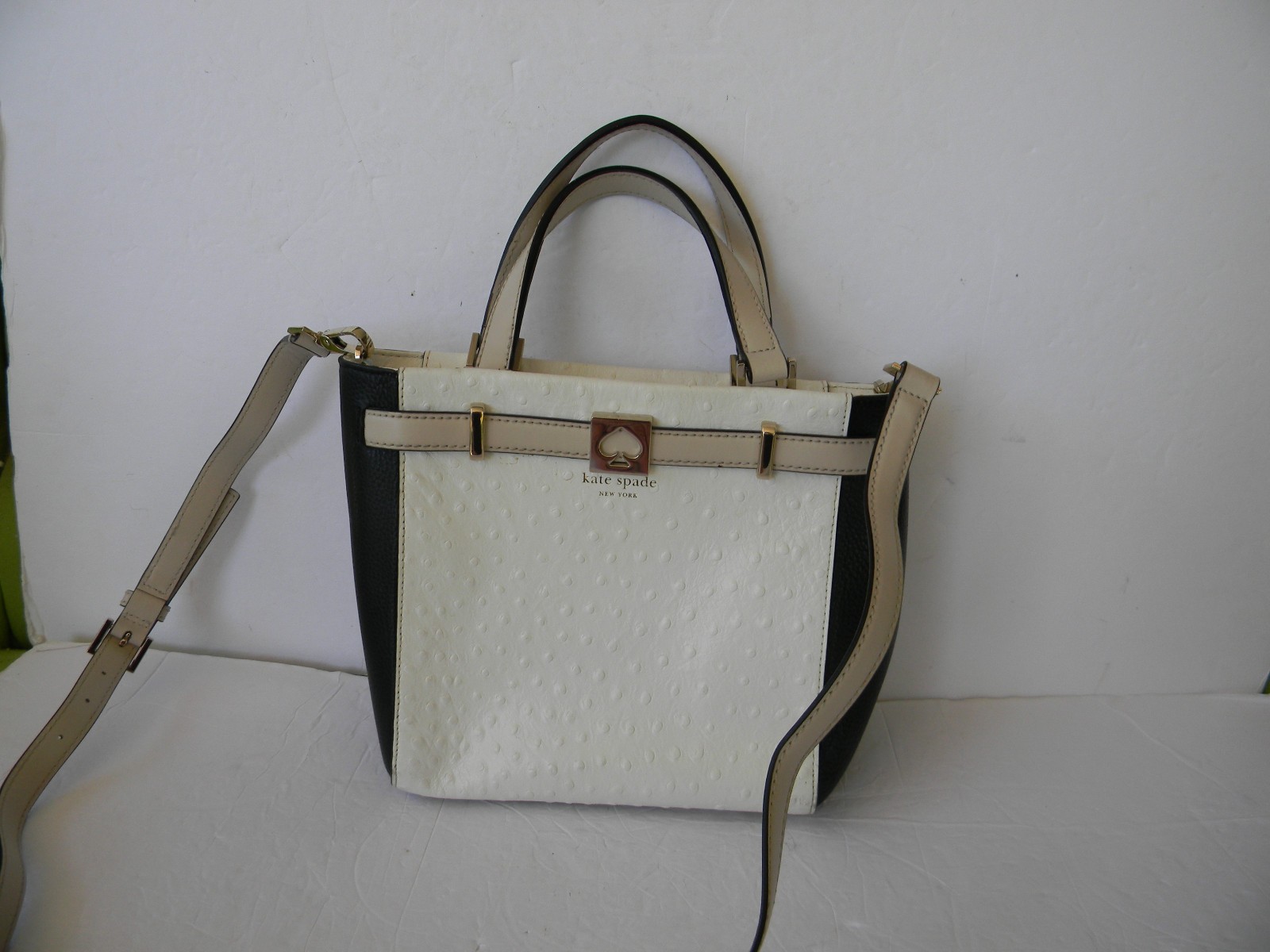 Kate Spade Houston Street CREAM/BLACK EXOTIC OSTRICH EMBOSSED LEATHER CROSSBODY