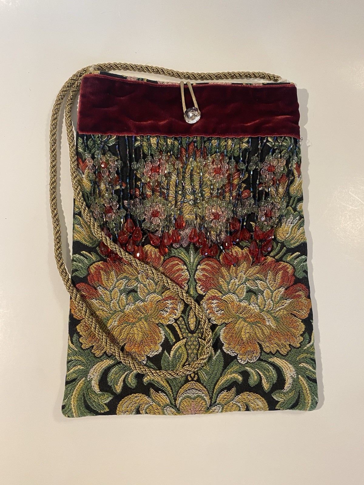 Dorit Collection Vintage Floral Tapestry Evening Bag Beaded Fringe Velvet Trim