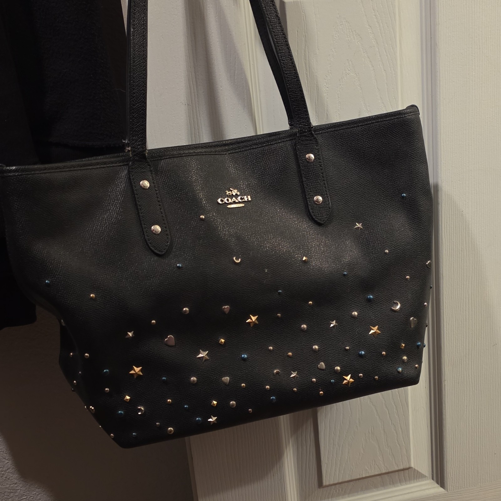 Coach Black Studded Star Tote Bag Open Top Double Handles Lined Inner Pockets