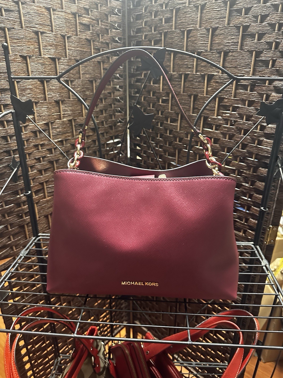 Michael Kors Sofia Large Burgundy Red Saffiano Leather Satchel Shoulder Purse