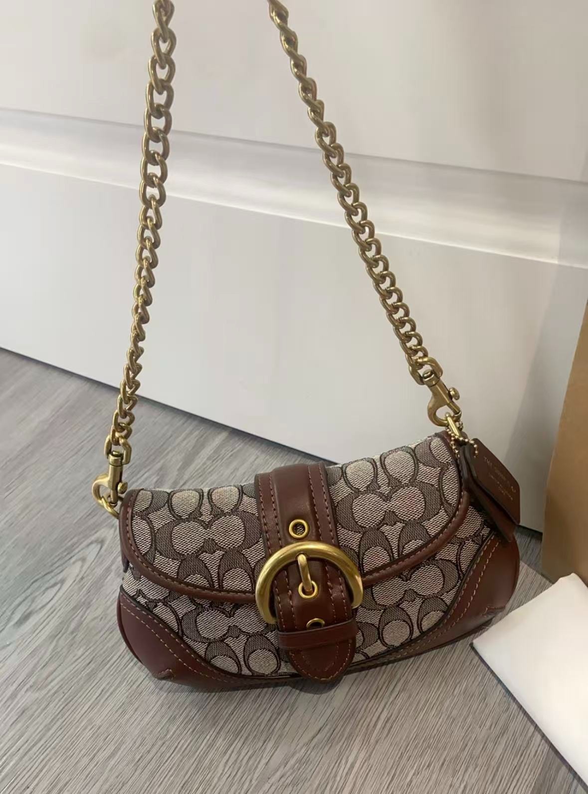 Soho Signature Jacquard Top Handle Shoulder Bag CJ814 Brown New
