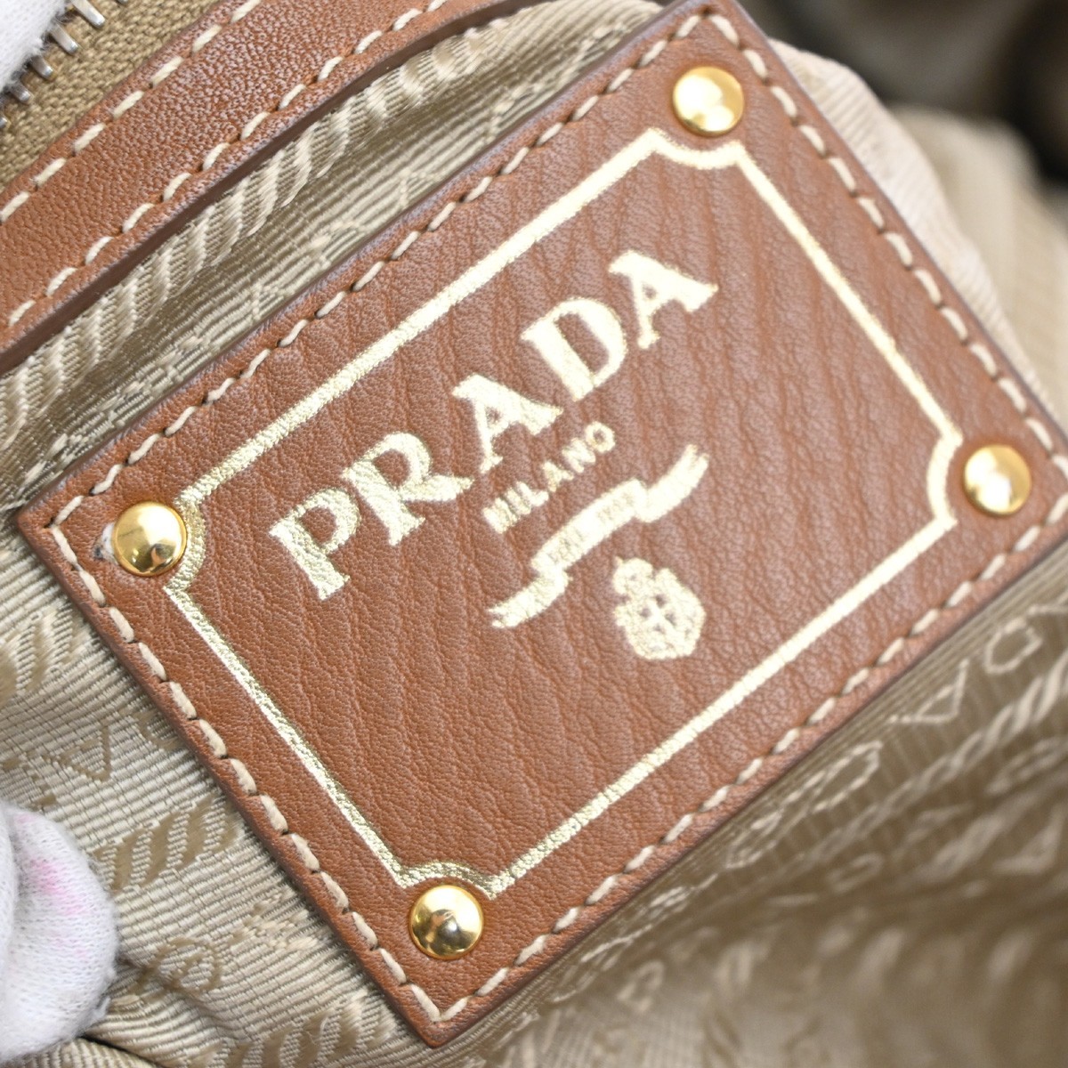 PRADA Logo Jacquard Shoulder Hand Bag Canvas Leather Brown GHW 85KD649
