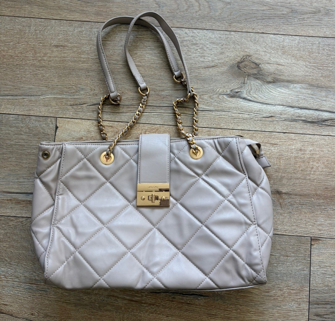 ALDO Beige Quilted Shoulder Bag, Chain Strap, Turn Lock, Inner Pockets, Pouch